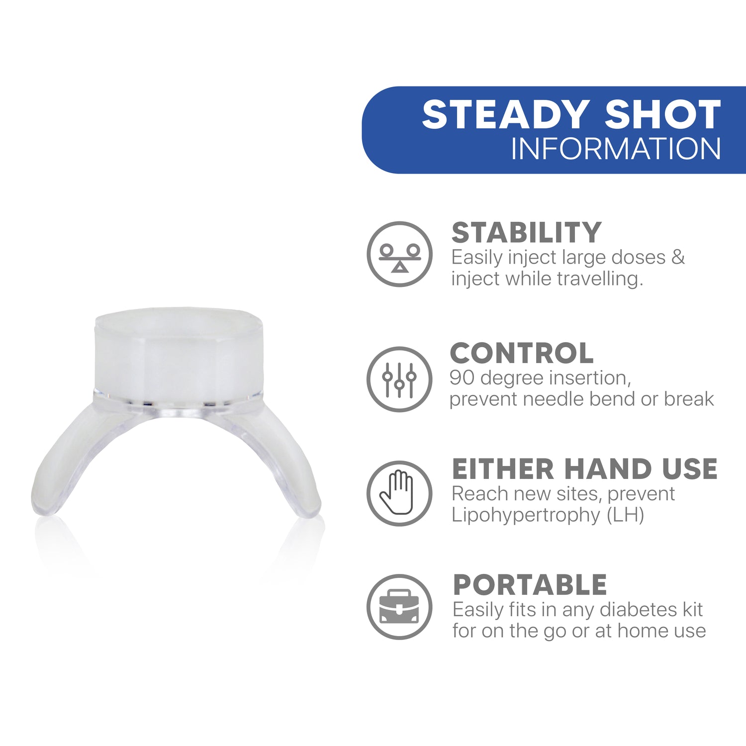 Steady Shot insulin pen accessory for improved injection site rotation, reducing lipohypertrophy. Easy-to-use, reusable device for diabetics. Helps manage diabetes with precise and comfortable injections.