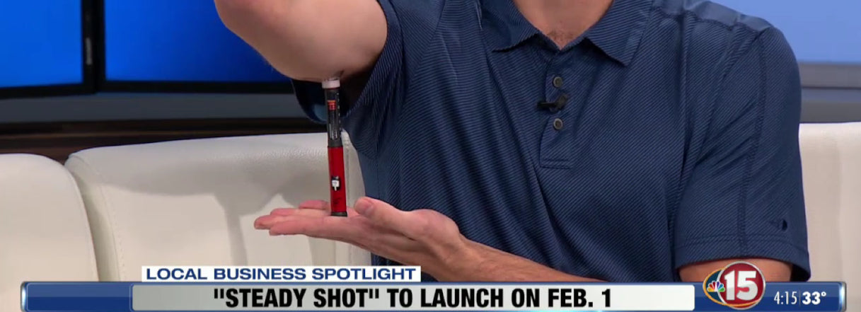 Steady Shot featured on the news demonstrating an insulin injection in the arm. A reusable tool designed to simplify injection site rotation, providing comfort and control for better diabetes management.