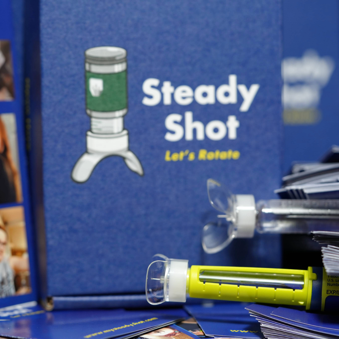 Steady Shot small and large sizes attached to insulin pen needles. Reusable diabetes tools designed to simplify injection site rotation and enhance comfort for effective diabetes management.