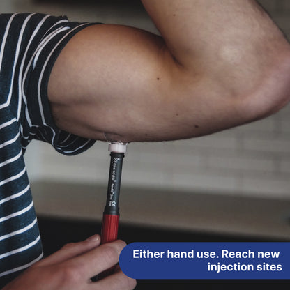 Steady Shot being used for an arm injection with either hand, helping diabetics reach new injection sites. A reusable tool designed to improve injection site rotation and ensure comfortable, precise insulin delivery.