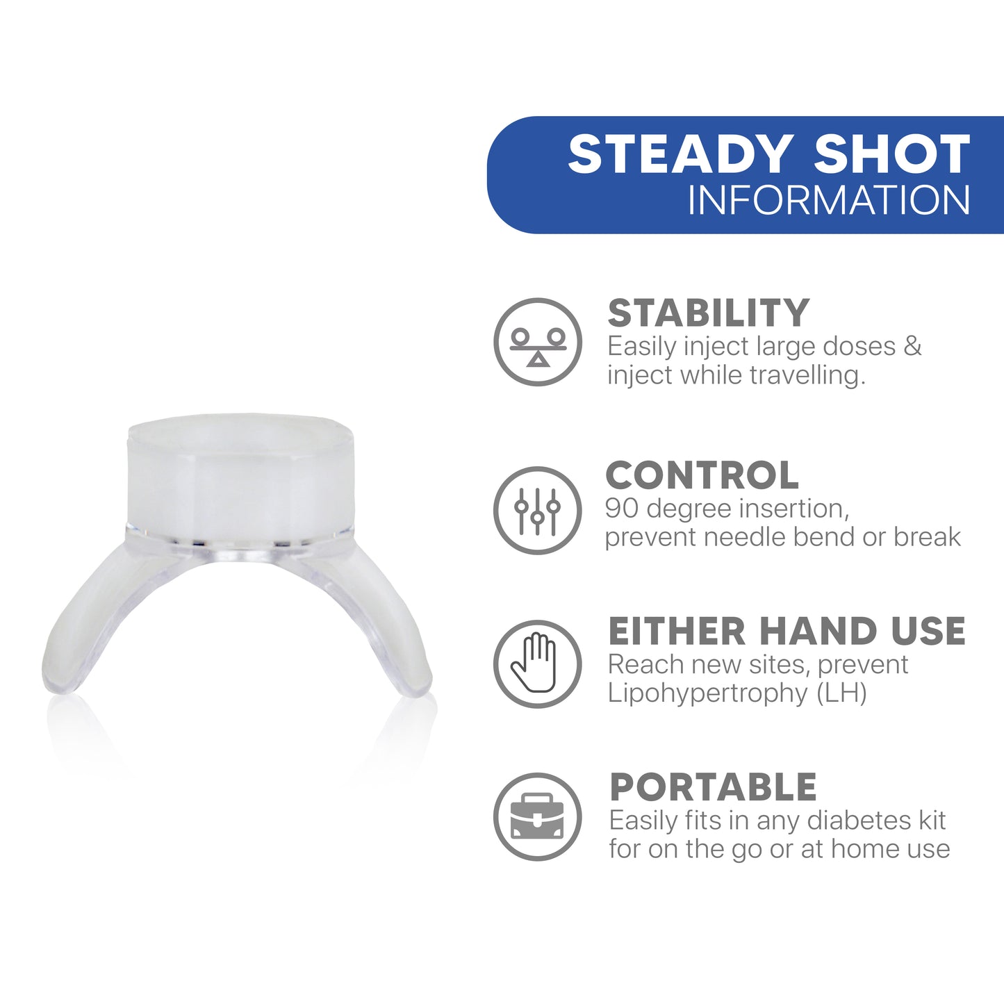 Steady Shot proporcionando estabilidad y control para inyecciones de insulina con agujas para plumas en personas con diabetes. Diseñado para ser usado con cualquiera mano y fácilmente portátil, mejorando la comodidad y precisión en el manejo de la diabetes.