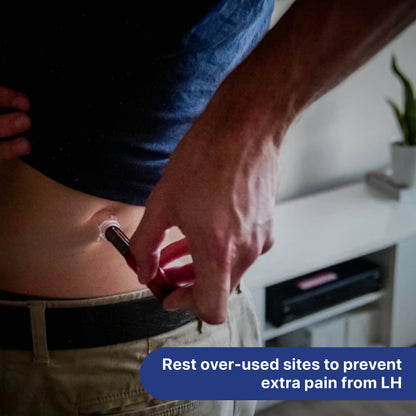 Steady Shot used for a back injection, helping rest overused sites and prevent lipohypertrophy in diabetics. A reusable tool designed to improve injection site rotation and support healthier insulin delivery.